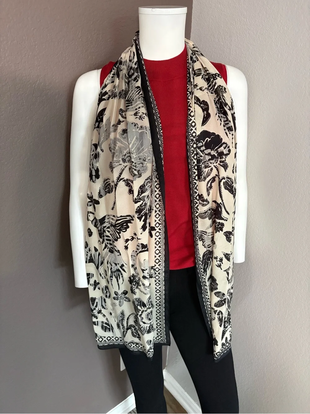 Vince Camuto Black & Cream Floral Border Wrap Scarf